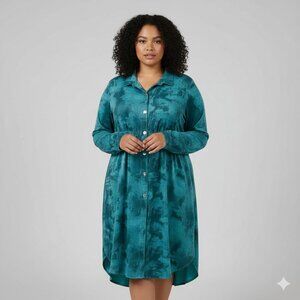 KLEEN Long Sleeve Shirt Dress Acid Wash/Mottled Turquoise & Black Women Size XL